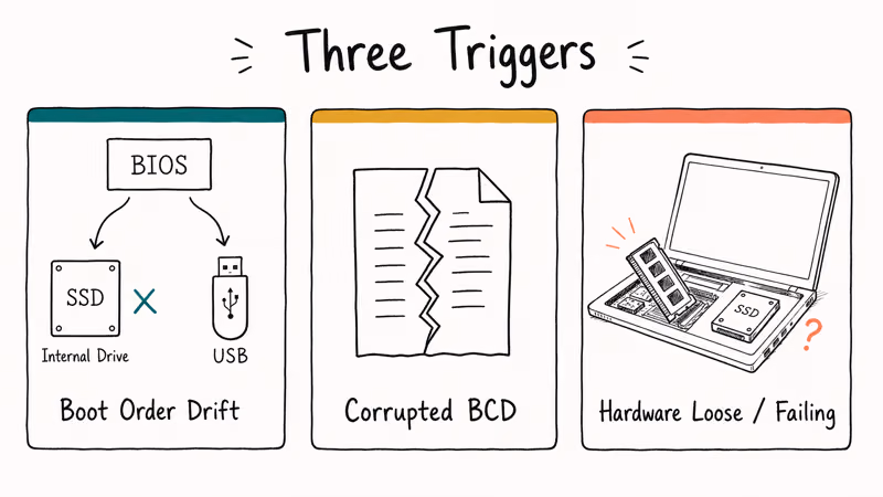 Hand-drawn diagram of three Lenovo boot menu causes: boot order drift, corrupted BCD, hardware