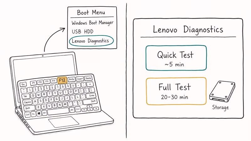 Hand-drawn F12 boot menu and Lenovo Diagnostics screen offering Quick Test or Full Test