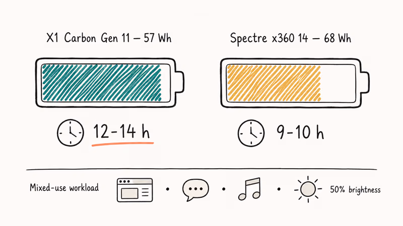 Hand-drawn battery icons comparing ThinkPad X1 Carbon and HP Spectre runtime under mixed-use workload.