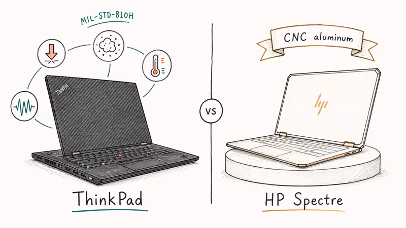 Hand-drawn comparison of ThinkPad durability tests against HP Spectre aluminum chassis with labeled icons.