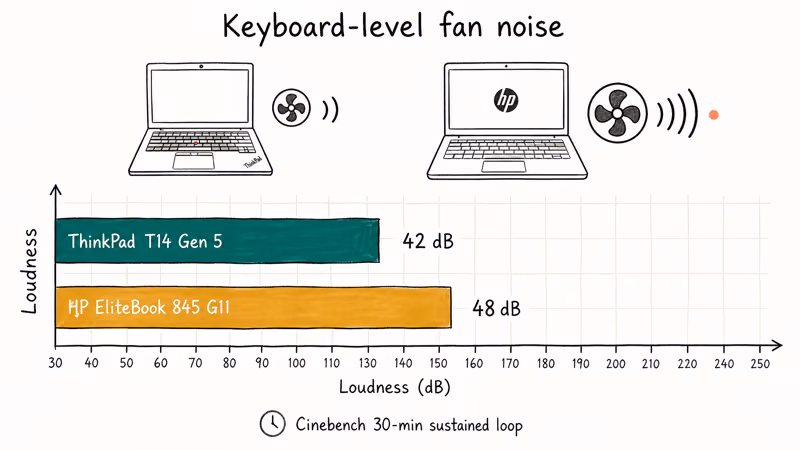 Hand-drawn bar chart comparing ThinkPad and HP EliteBook fan noise during a Cinebench thirty-minute loop.