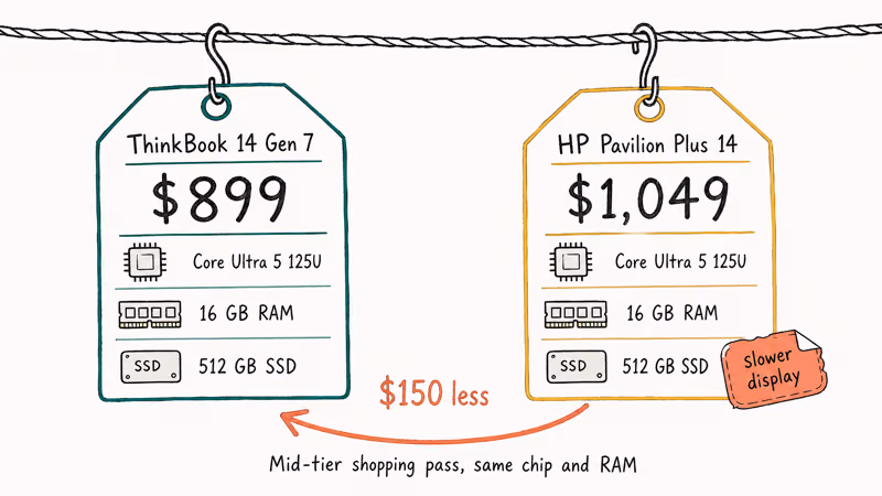 Hand-drawn price tags comparing Lenovo ThinkBook and HP Pavilion Plus mid-tier laptop configurations and savings.