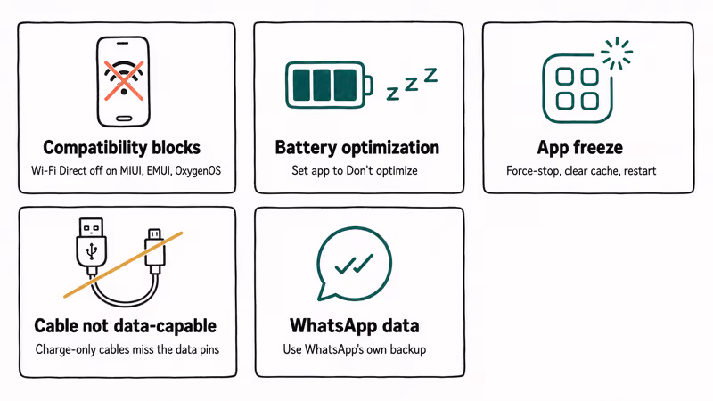 Five card hand-drawn infographic of the most common reasons LG Mobile Switch transfers fail.