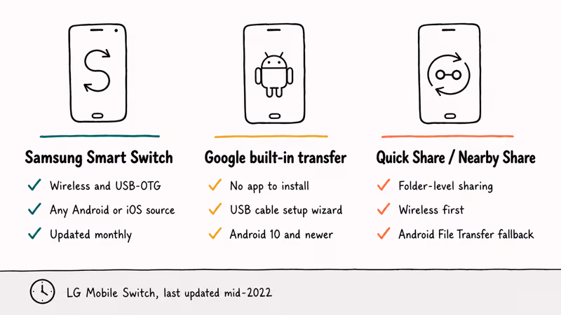 Hand-drawn three column comparison of Samsung Smart Switch, Google built-in transfer, and Quick Share alternatives.