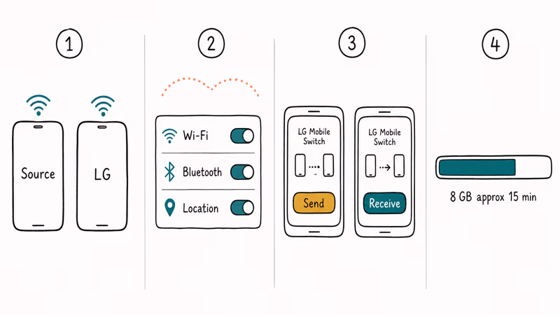 Hand-drawn flowchart showing LG Mobile Switch Wi-Fi transfer handshake.