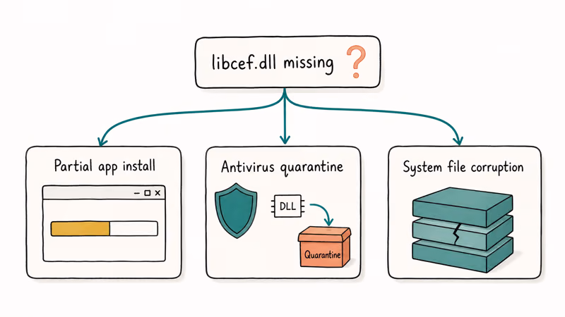 Hand-drawn diagram showing three causes of libcef.dll missing error: install, antivirus, corruption.