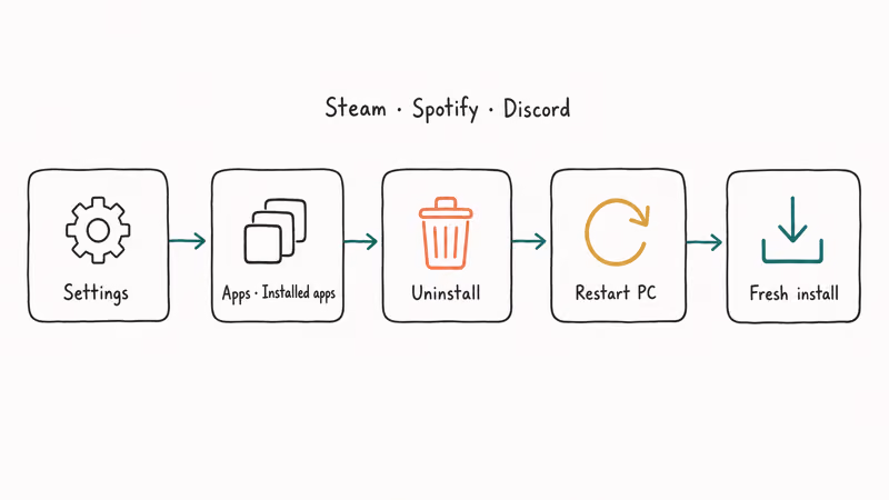 Hand-drawn flow showing five reinstall steps from Windows Settings through fresh installer download.