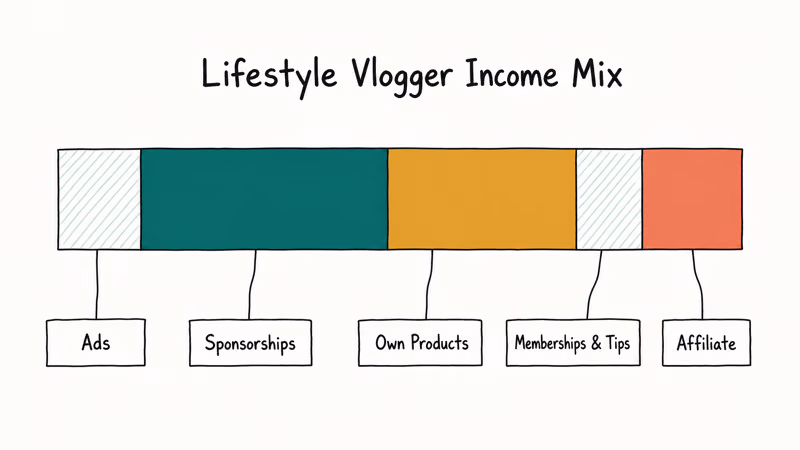 Stacked bar chart of lifestyle vlogger income showing sponsorships and product lines dominating over ads
