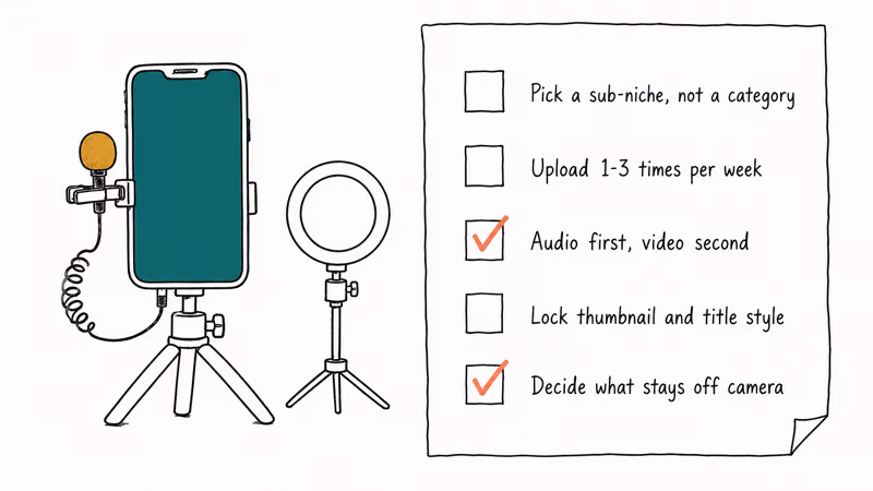 Hand-drawn smartphone with lapel mic next to a five-item checklist of lifestyle channel starter rules