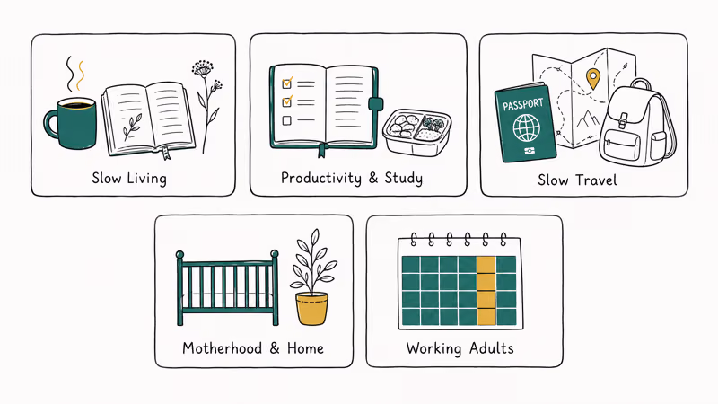 Hand-drawn grid of five lifestyle vlog sub-niche cards with simple icons and short category labels