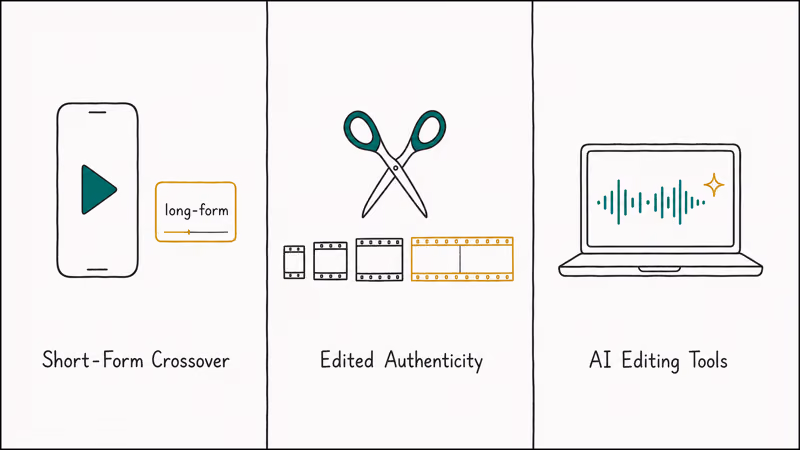Three labeled panels showing short-form crossover, edited authenticity, and AI editing trends in lifestyle vlogging
