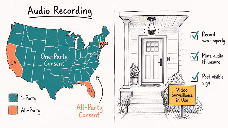 Hand-drawn US map showing one-party versus all-party audio consent states beside a porch surveillance sign.