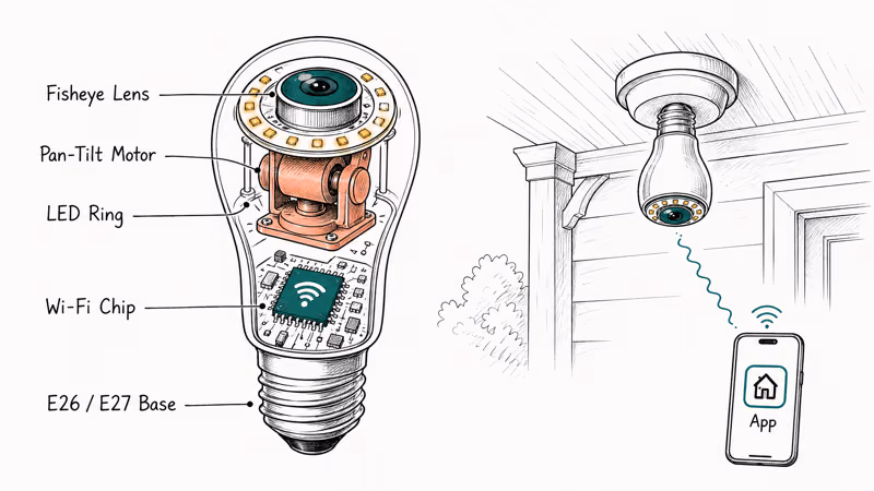 Hand-drawn cutaway showing parts of a screw-in light bulb security camera connecting to a phone.