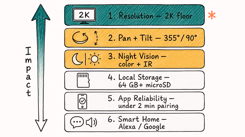 Hand-drawn ranked list of six light bulb camera buying criteria.