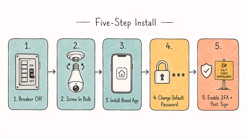 Hand-drawn five-step installation flow from breaker off to two-factor authentication and posted sign.