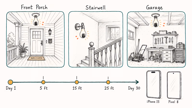 Hand-drawn three-location test setup with porch, stairwell, garage, and a thirty-day testing timeline.