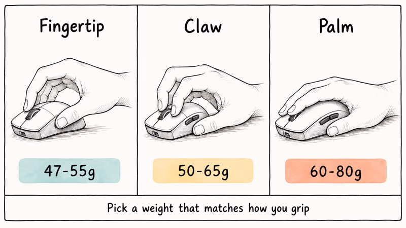 Three hand-drawn grip styles fingertip claw and palm with recommended mouse weight ranges