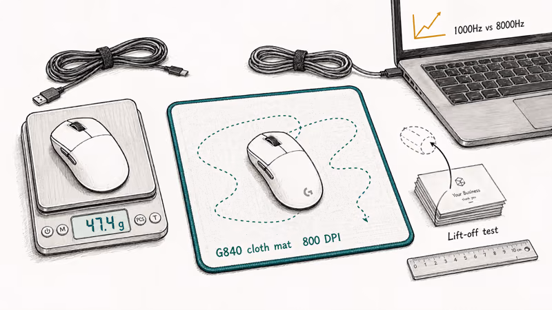 Hand-drawn desk scene with jewelry scale weighing a gaming mouse on a cloth mousepad