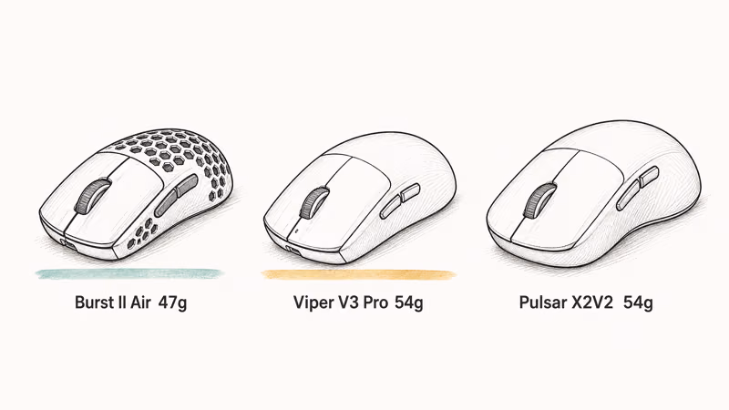 Three top lightweight gaming mice drawn side by side with weight labels in grams