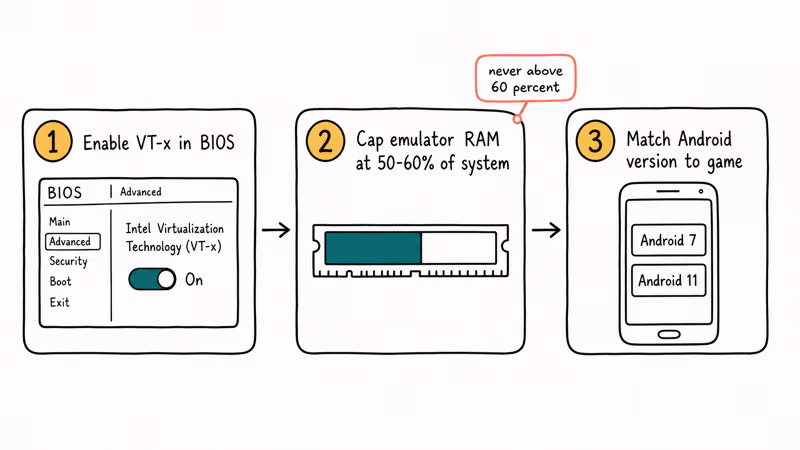 Hand-drawn three-step flowchart showing BIOS virtualization, emulator RAM allocation, and Android version match for performance.
