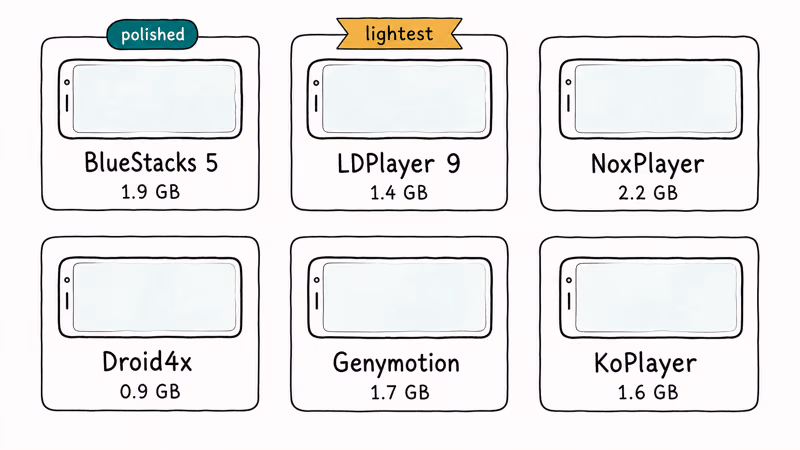 Hand-drawn lineup of six Android emulator cards with idle RAM numbers and lightest pick highlighted.