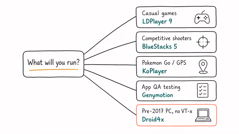 Hand-drawn decision tree matching use cases to Android emulator picks.