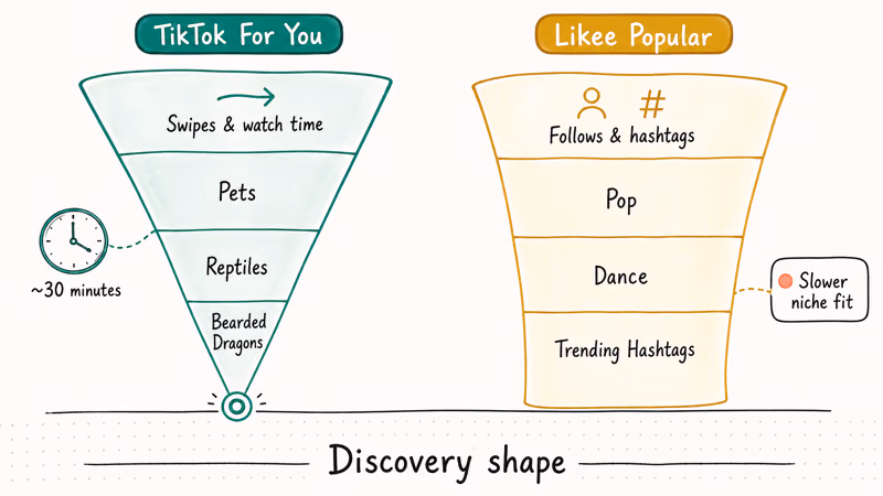Two funnels showing TikTok narrowing to a niche while Likee stays on broad trending content.
