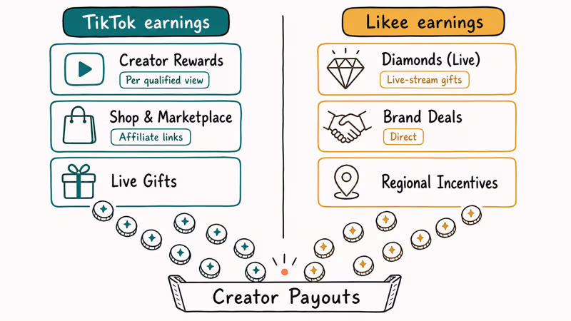 Two-column ledger comparing TikTok Creator Rewards and Shop with Likee Diamonds and brand deals.