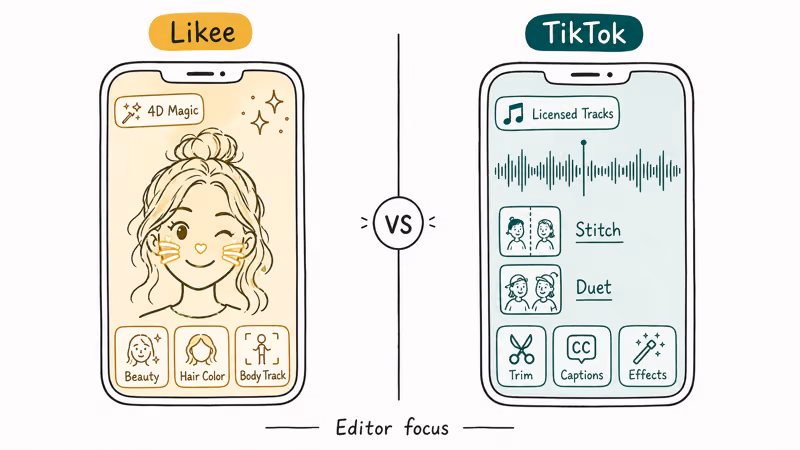 Two phones comparing Likee AR filters and TikTok music tools.