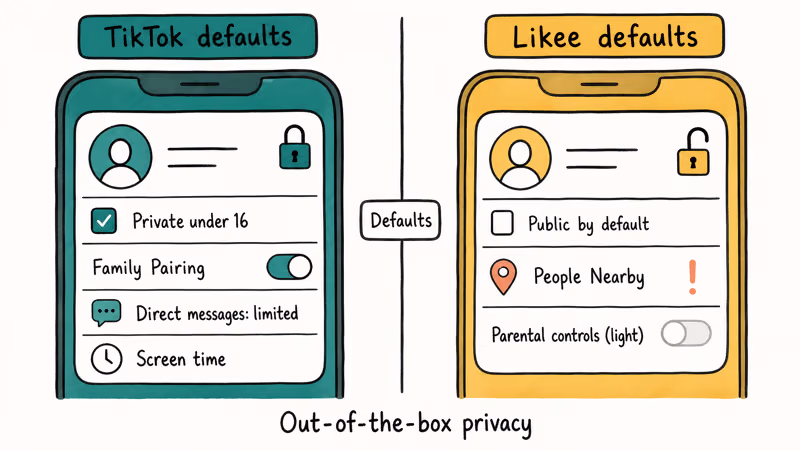 Two phone screens contrasting TikTok private-by-default lock and Likee public profile with People Nearby warning.