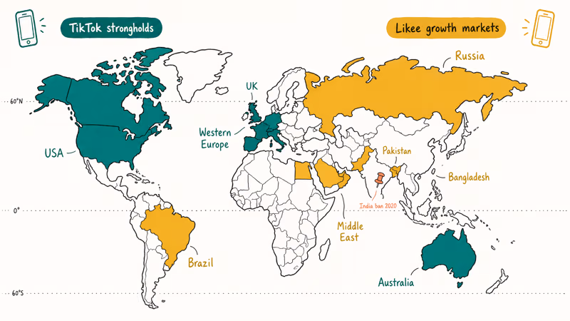 Hand-drawn world map showing TikTok strongholds in teal and Likee growth regions in amber.