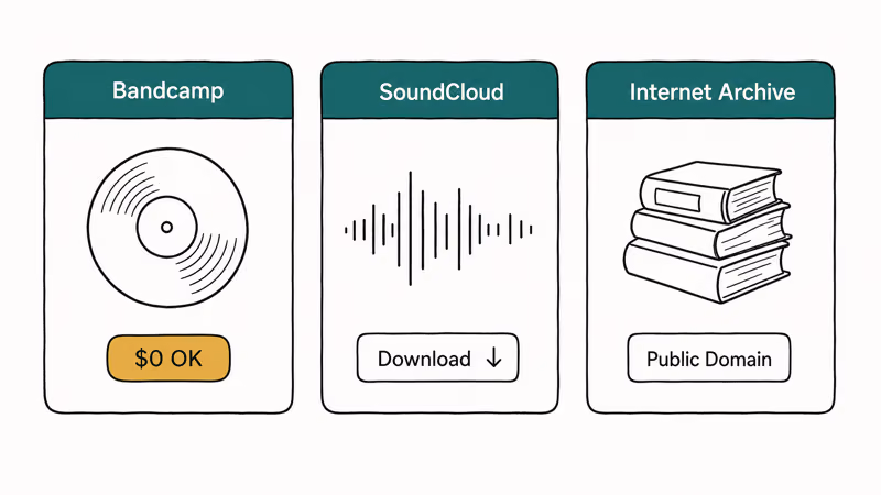 Three panels showing Bandcamp, SoundCloud, and Internet Archive as legal free music sources