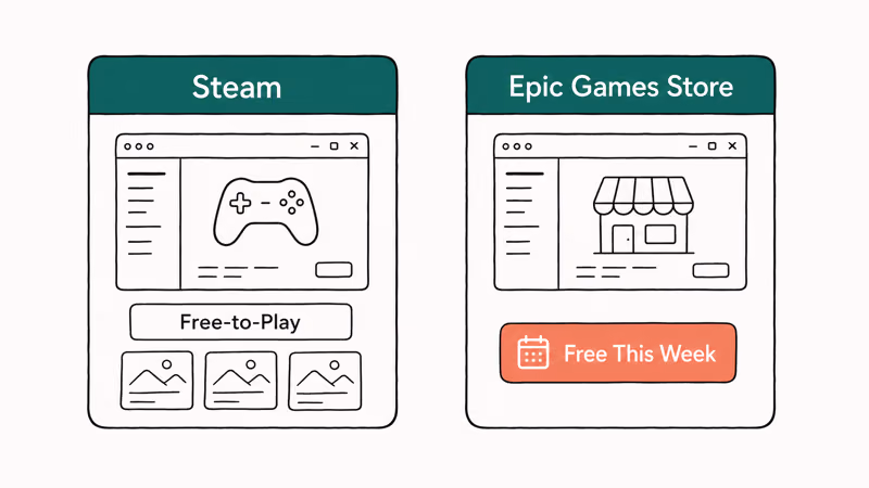 Steam and Epic Games Store cards illustrating free-to-play library and weekly free-game program
