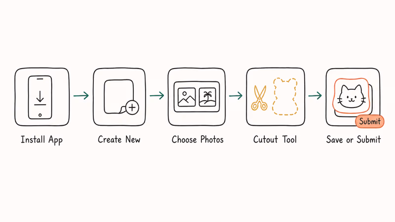 Hand-drawn five-step workflow for designing and submitting a sticker pack with LINE Creators Studio.