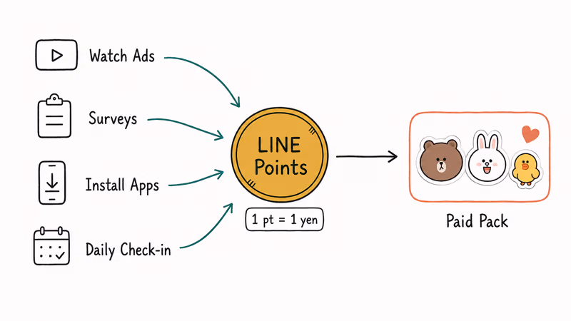 Hand-drawn diagram showing LINE Points methods unlocking a paid sticker pack.