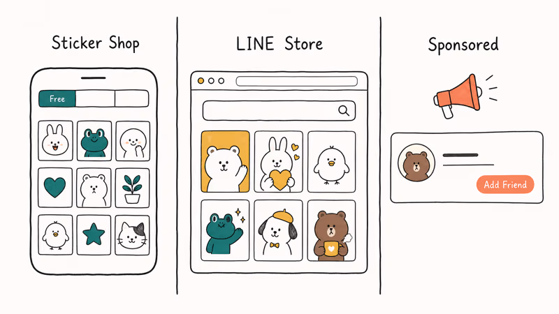 Three panels comparing LINE Sticker Shop, web store, and sponsored stickers.