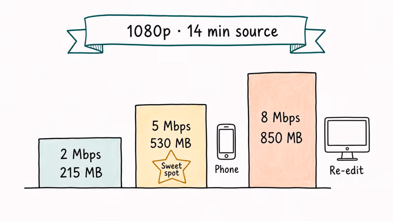 Hand drawn ladder showing 1080p MP4 file size at 2 5 and 8 Mbps bitrate
