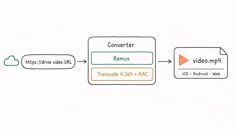 Hand drawn flow showing video URL converted into an MP4 file via remux or transcode