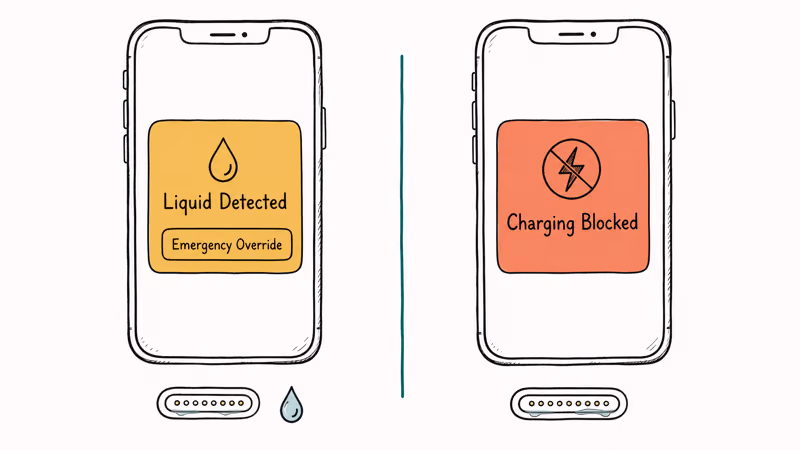 iPhone showing yellow Emergency Override alert next to red blocked charging liquid detection alert