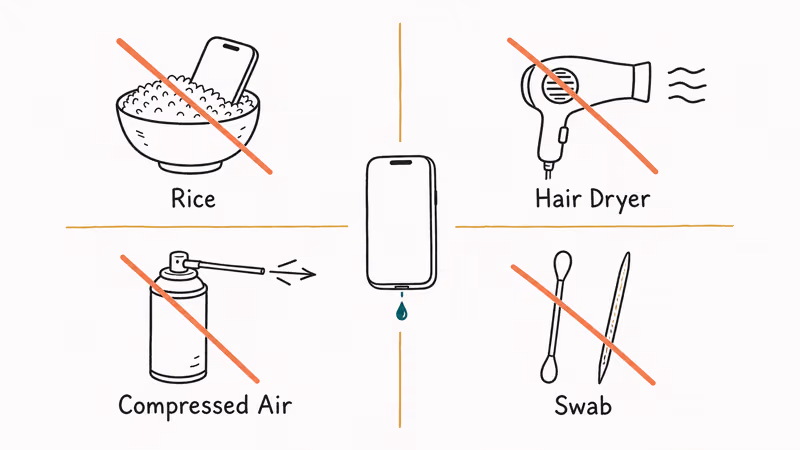 Crossed-out icons of rice bowl, hair dryer, compressed air can, and cotton swab around iPhone