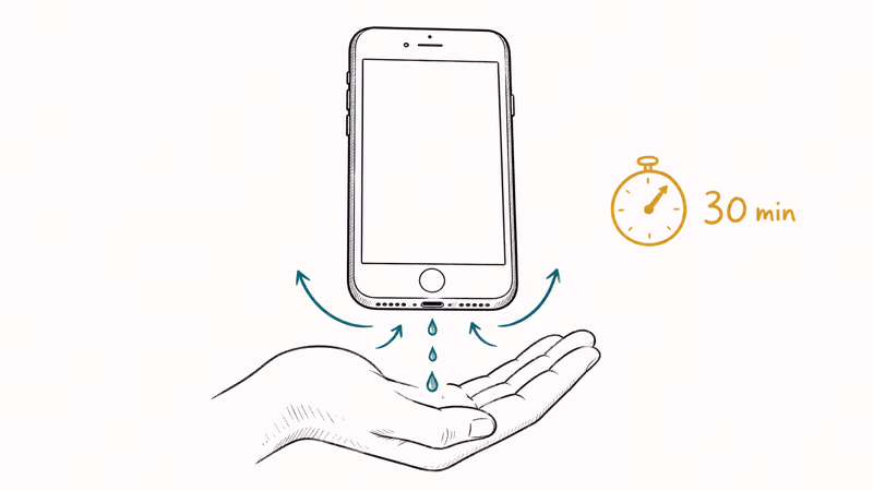 iPhone held port-down tapped against palm with airflow arrows drying the Lightning connector