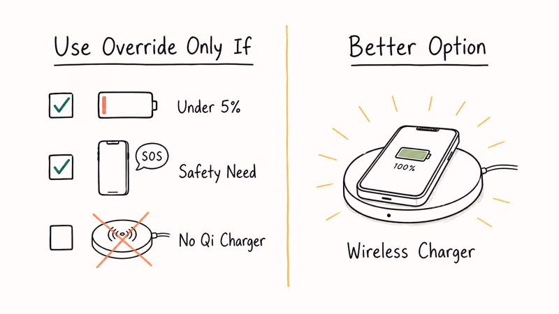 Hand-drawn checklist showing three conditions for Emergency Override versus a wireless charger alternative