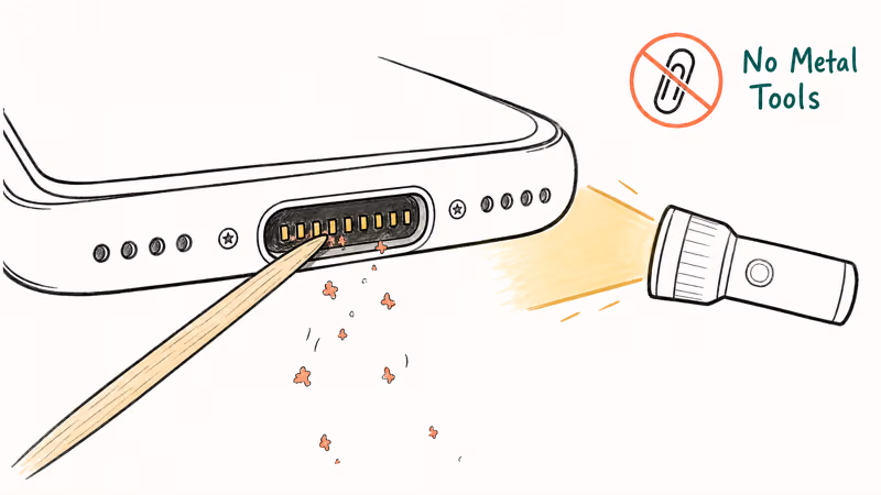 Wooden toothpick scraping lint from inside an iPhone Lightning port under flashlight beam