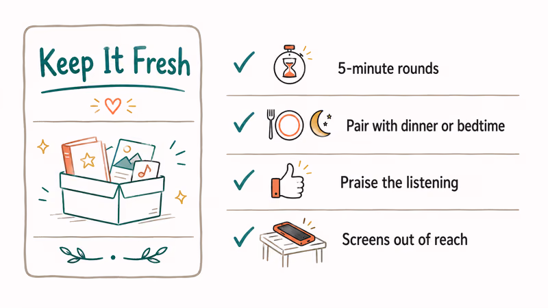 Hand-drawn checklist card showing four tips to keep kids engaged in listening games