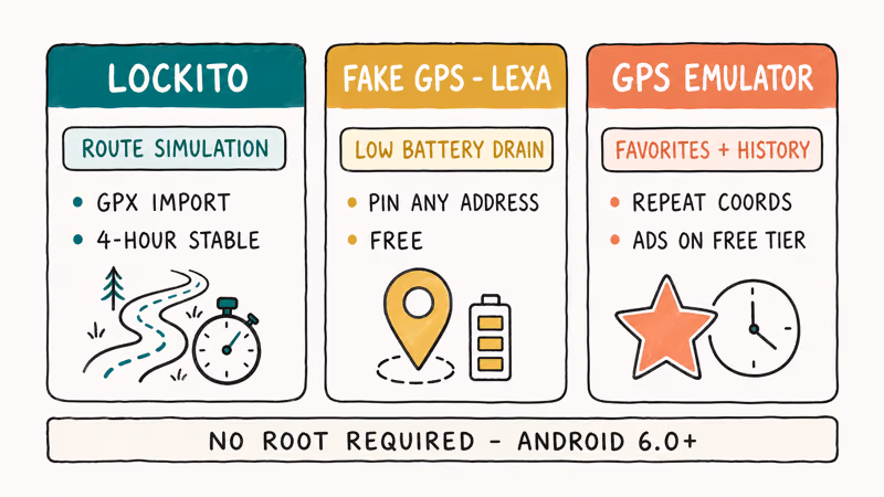 Comparison cards of Lockito, Fake GPS Lexa, and GPS Emulator Android spoofing apps