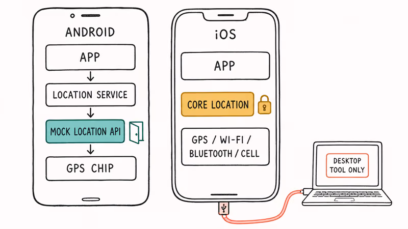 Diagram comparing open Android Mock Location API to locked iOS GPS framework