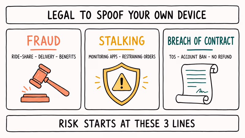 Three risk panels showing fraud, stalking, and contract breach as legal exposure for spoofing