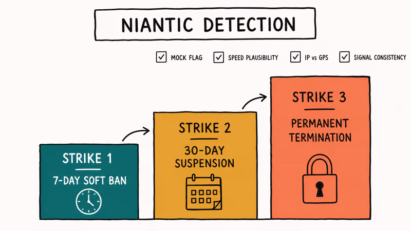 Three-step staircase showing Pokemon Go ban escalation from soft ban to permanent termination
