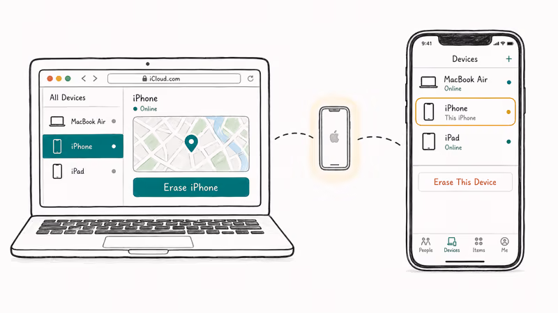 iCloud Find My interface showing remote erase for a locked iPhone