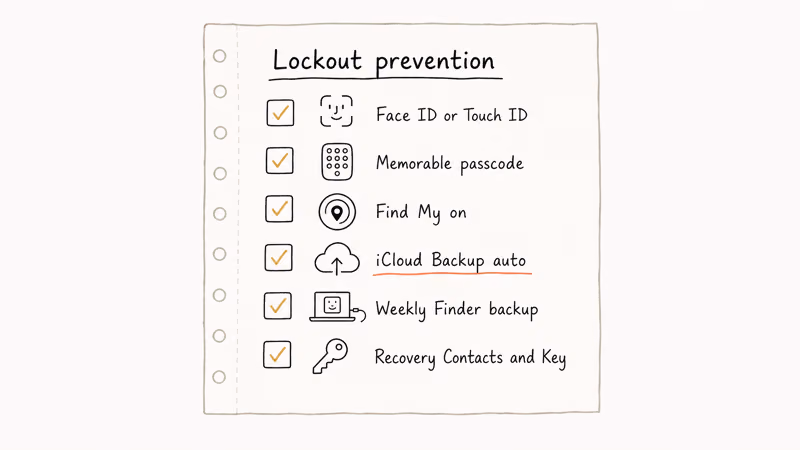 Hand drawn checklist showing six iPhone lockout prevention habits with icons and short labels